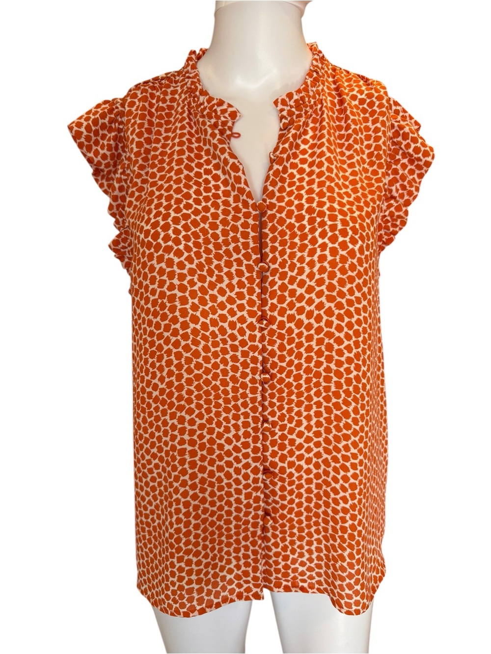 Ann Taylor Orange White Print Ruffle Sleeve Blouse Women’s Medium